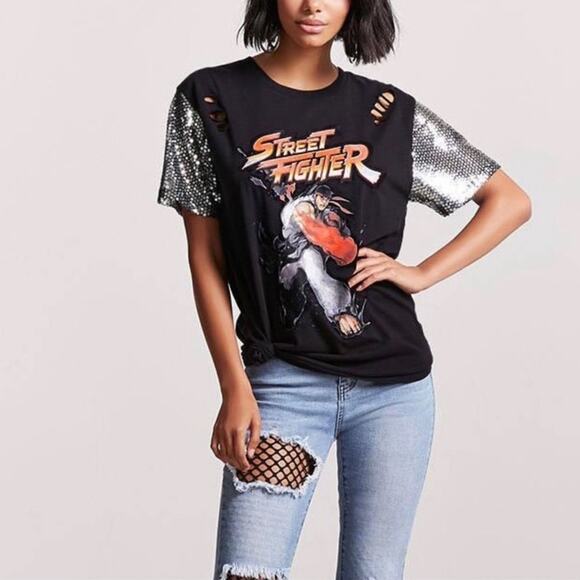 Forever 21 Tops - Forever 21 Freeze Distressed 30th Anniversary Street Fighter Sequin Sleeve Tee
